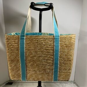 Straw Tote Bag with Pineapple print lining, aqua/blue accent